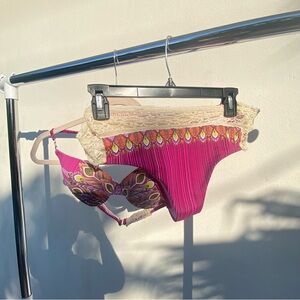 Beach Joy Pink Multicolor Boho stripe & Lace Rhinestone Bikini Set Size Small